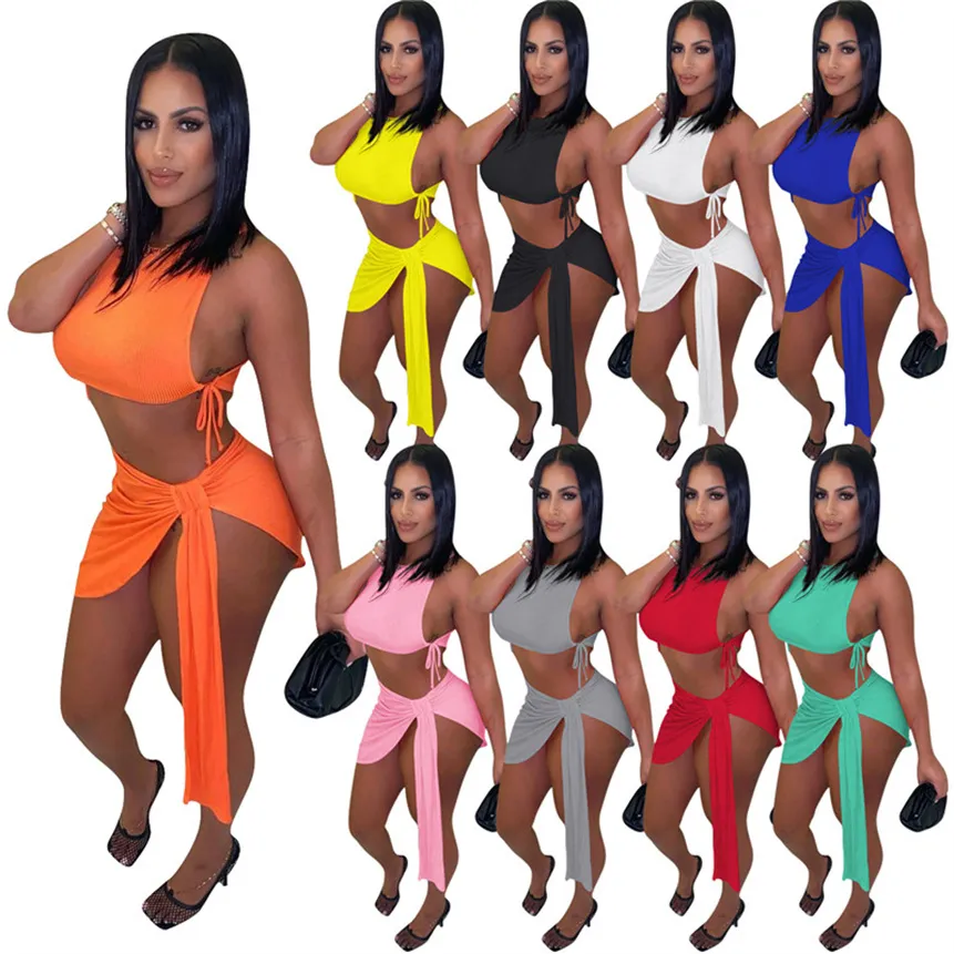 Plus Size 2XL Women Sexy Two Piece Dress Fashion Clubwear Sleeveless Crop Top+mini Skirts Summer Clothes Solid Color Dresses Sets 5386