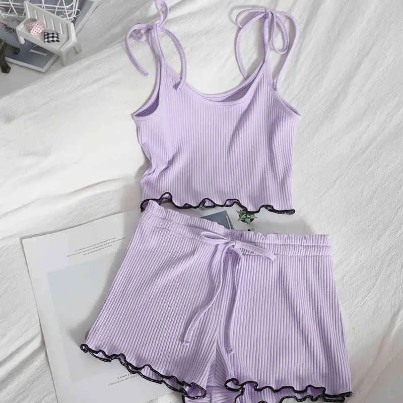 Summer pajamas suit lace-up bow-knot halter top with thin straight shorts two-piece sets contrast color ruffles female 210420
