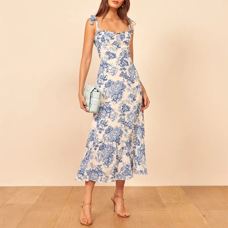 Summer Sukienki Kobiety 2020 Vintage Blue White Floral Print Dress Kobieta Sexy Spaghetti Pasek Krawat Szyfonowa Elegancka Ruffle Midi Dress X0521