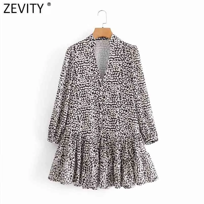 Kobiety Vintage V Neck Digital Leopard Drukuj Hem Pleat Ruffles Mini Dress Lady Długim Rękawem Chic Biznes Vestido DS4770 210420