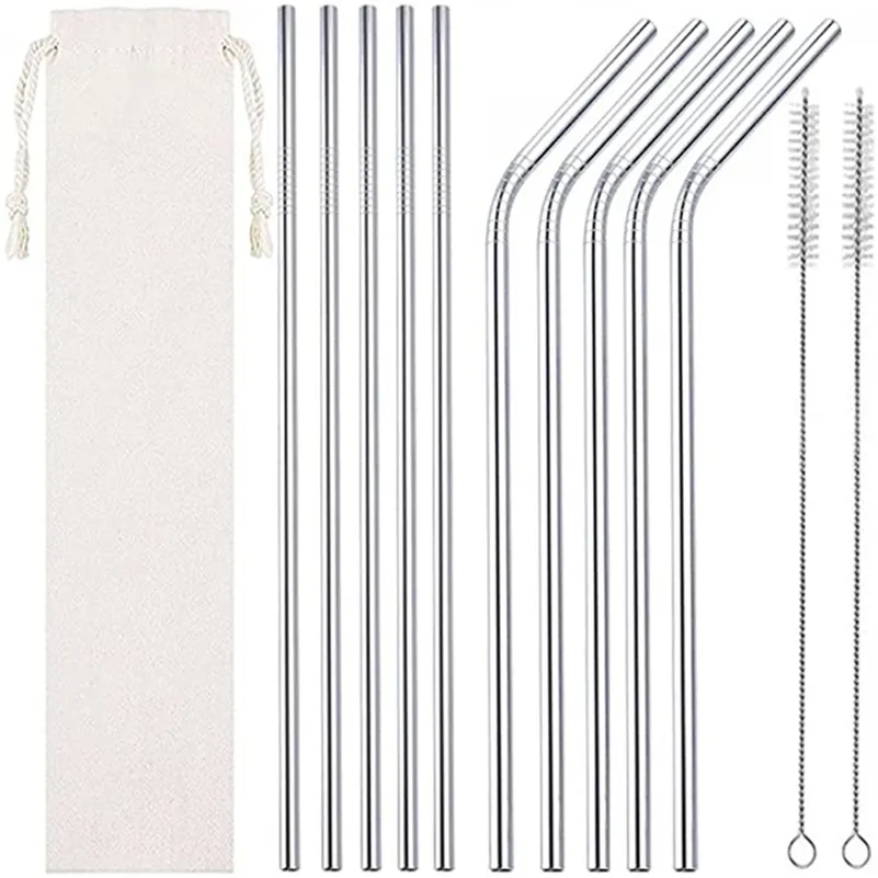 6*266mm Colorful Stainless Steel Straws Reusable Straight and Bent Drinking Straw Cleaning Brush for Kitchen Bar