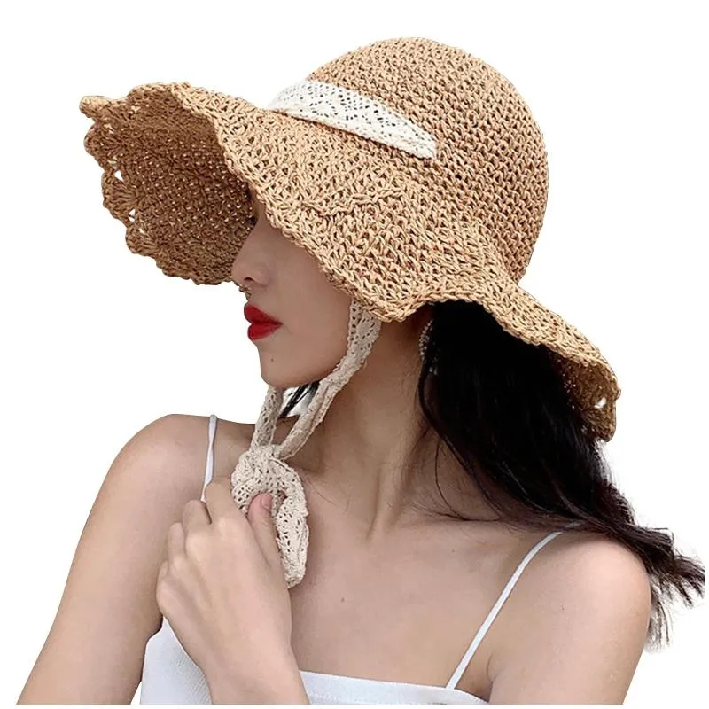 Breite Krempe Hüte Frauen Sommer Sun Panama Aushöhlen Spitze Strohhut Gefaltet Outdoor Caps Freizeit Urlaub Kuppel Strandkappe