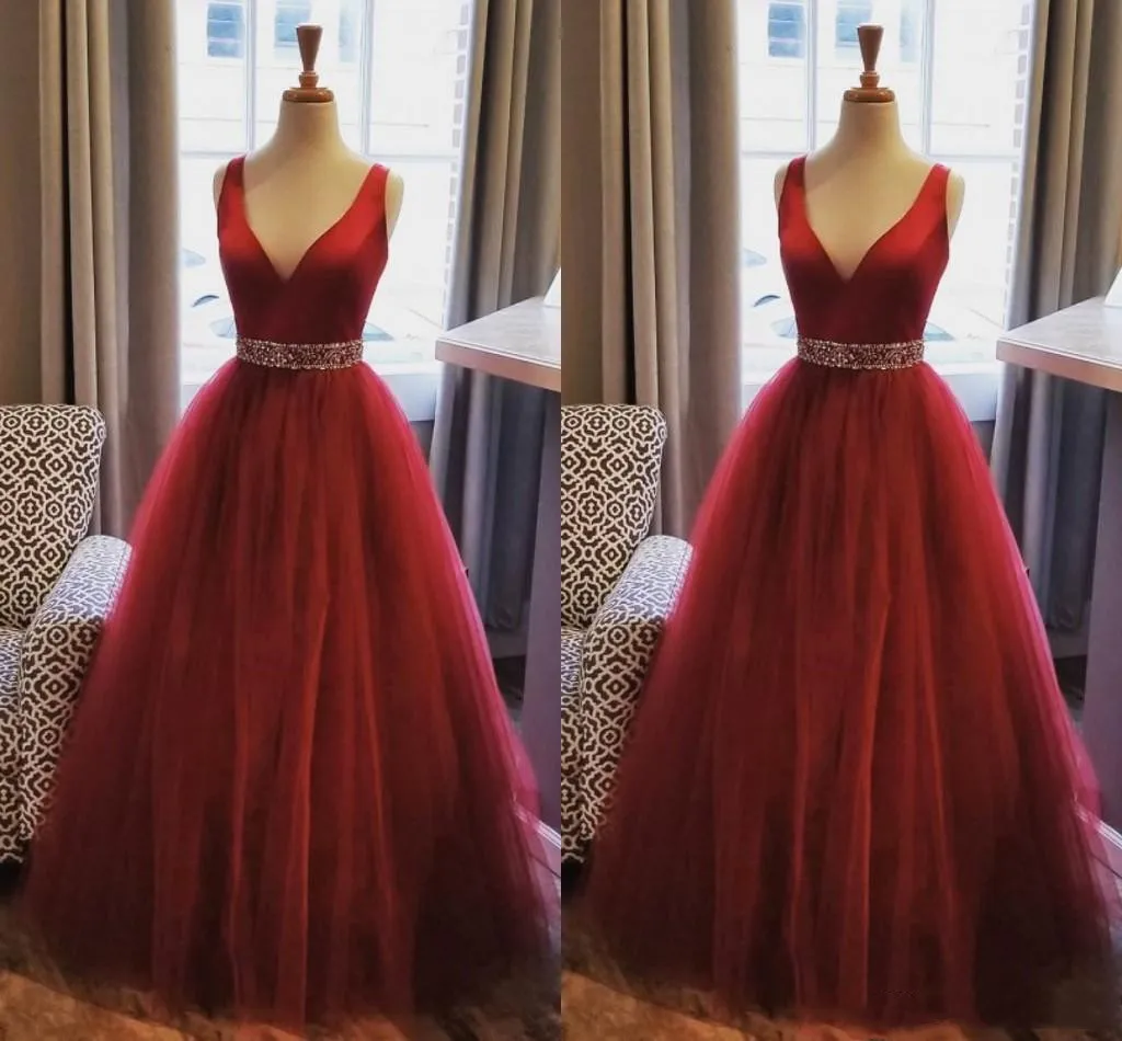 Dark Red Women's Plus Size Tulle Evening Dress For Belt Beaded Party V-Neck Sleeveless A Line Long Prom Dresses