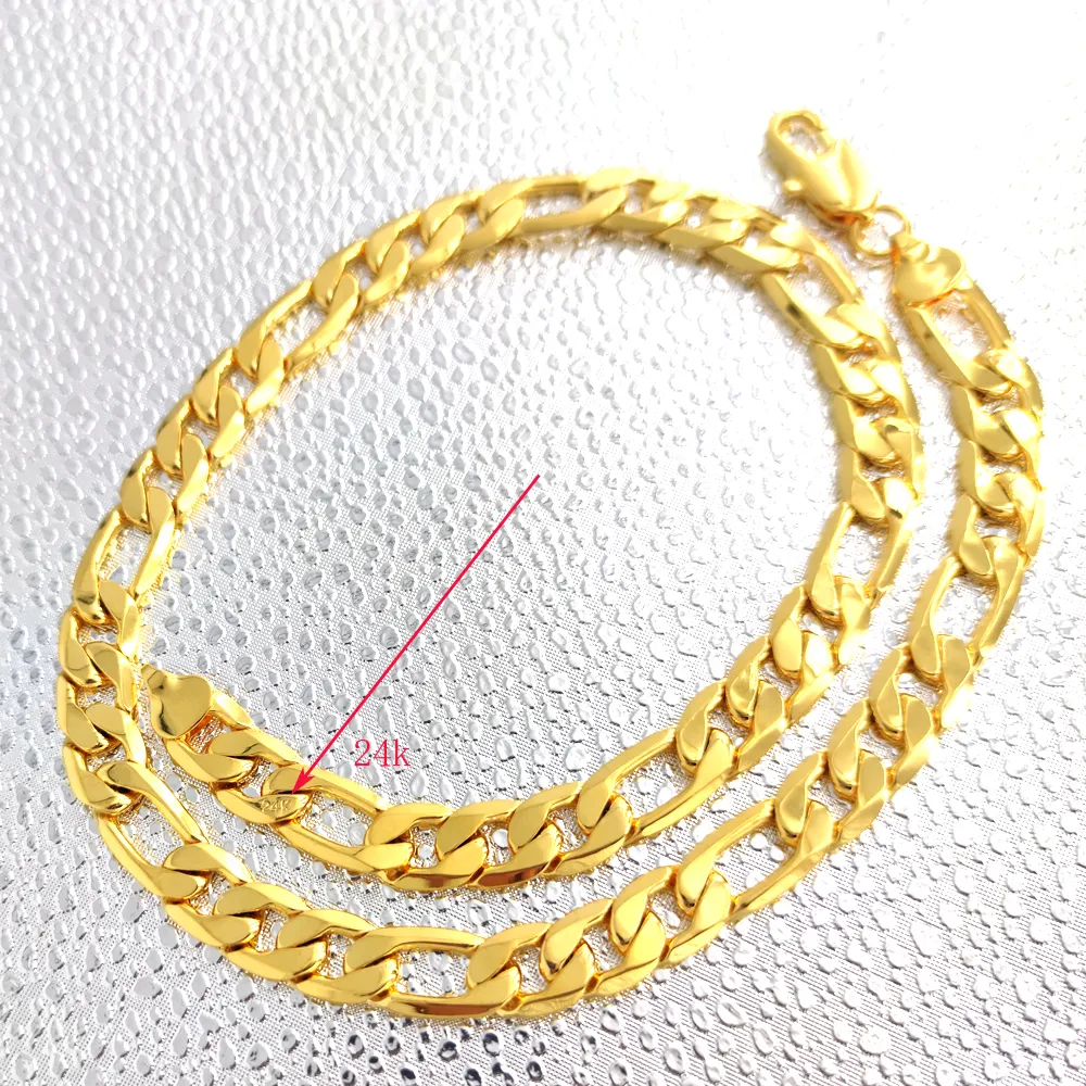 24 k Solid Fine Figaro Chain Link Halsband 12mm Mens Real Yellow Gold Stamp Standard Födelsedag Julklapp