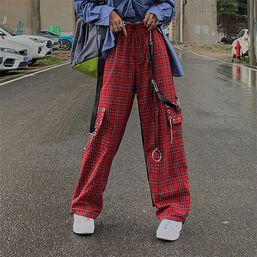 HOUZHOU Punk Cargo Karierte Hose Gothic Harajuku Rot Karierten Breite Bein Hosen Für Weibliche Herbst Streetwear Hippie Mode 220214