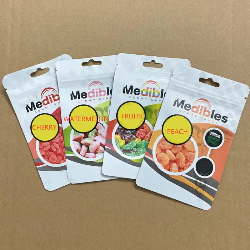 sour gummy candy medibles packing bags 300mg gummies mylar watermelon apple fruits cherry peach package packaging bag wholesale