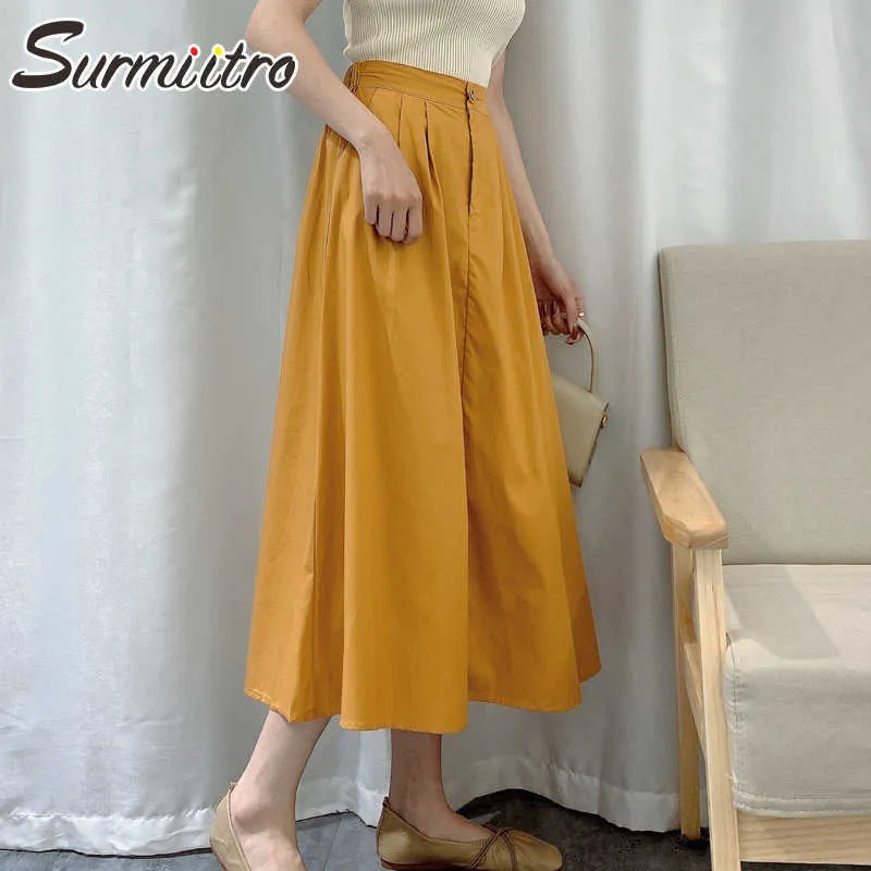 Surmiitro 100% хлопок MIDI длинная юбка женская летняя мода корейский стиль желтый высокая талия средняя длина плиссированная юбка женщина 210712