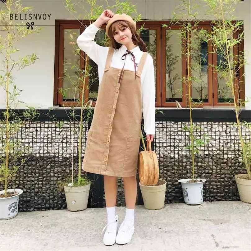 Japansk Preppy Style Söt Klänningar Kvinnor Strap Ärmlös Corduroy Tank Kawaii Girl's Collage Elegant Koreansk 210520