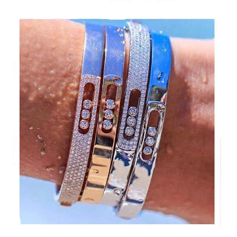 Rakol Luxury Brand Cz Zironia Stone Turnable Bangles for Women Slide Lover Bangles Full Crystal Bracelet u Buckle Men Jewelry Q0717