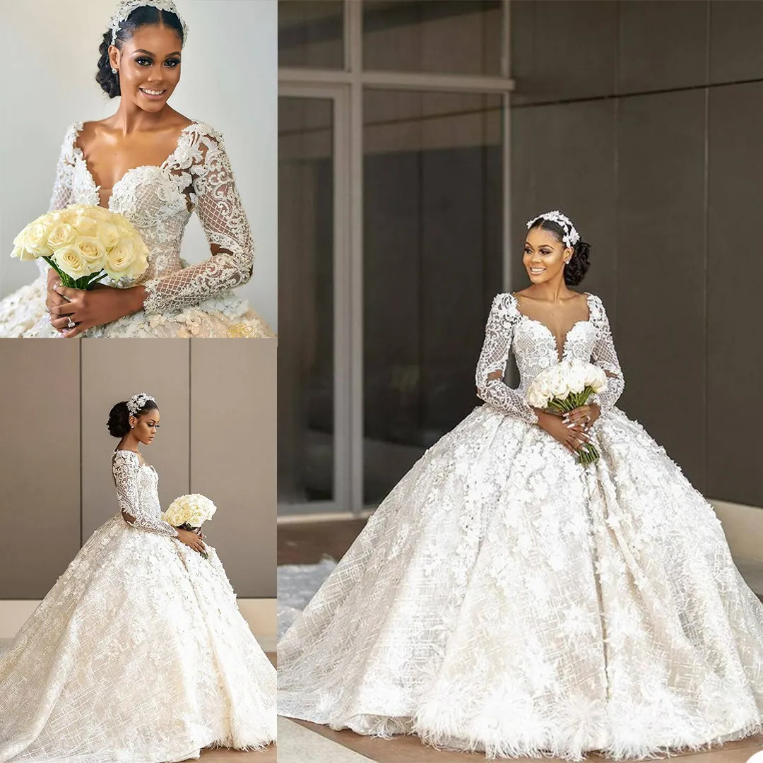 Princess Ball Gown Wedding Dresses V Neck 3D Appliques Hand Made Flower Feather Long Sleeve Bridal Gowns Puffy Illusion Bride Dress