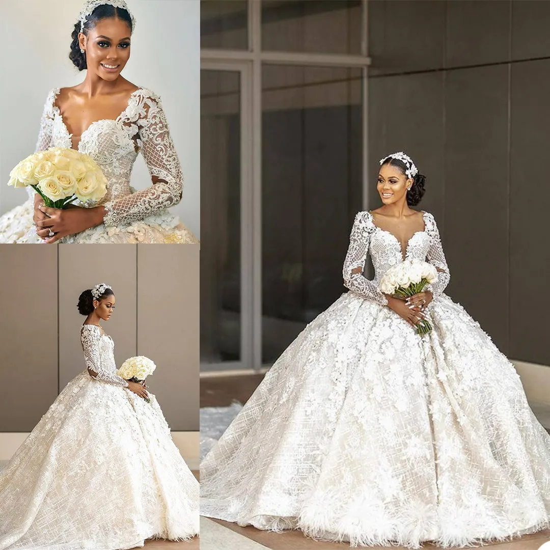 Abiti da sposa con abiti da ballo principessa Scollo a V Applicazioni 3D Abiti da sposa a maniche lunghe con piume di fiori fatti a mano Abito da sposa gonfio Illusion