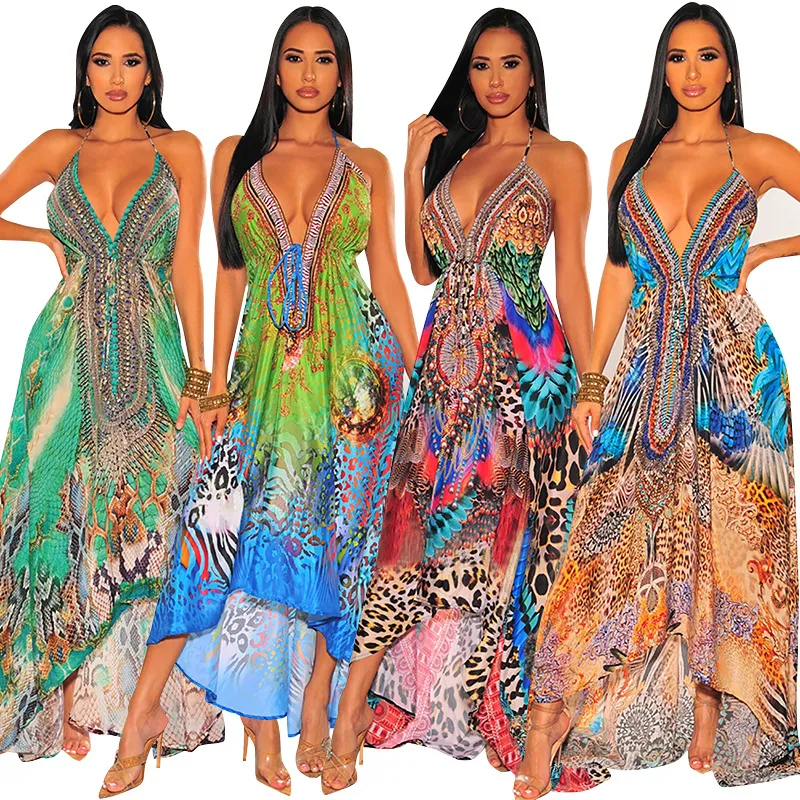Bohemian Retro Sexy Print V-Neck Long-Sleeved Beach Long Dress
