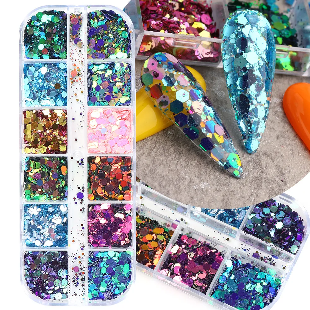 12 Kolor Lustro Świecący Sześciokąt Kształt Paznokci Cekiny Paillette Mix Nails Holographic Laser Glitter 3D Płatki Akcesoria Art