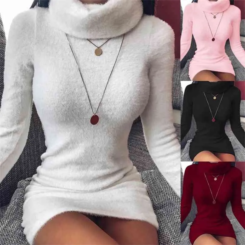 Pelliccia di velluto peluche collo alto bianco mini abito sexy manica lunga aderente autunno inverno caldo sottile streetwear partito colthing 210507