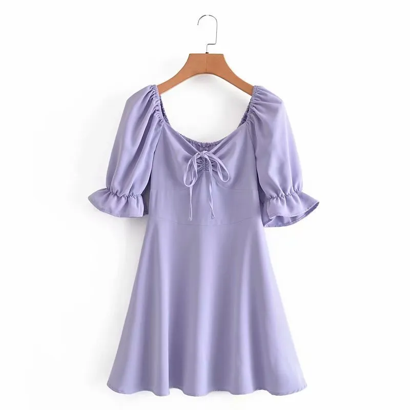 Sweet Square Collar Short Sleeve Women Dress Vintage Slim Fit with Lotus Leaf Sleeves Solid Color Chic Female Mini Dresses 210507