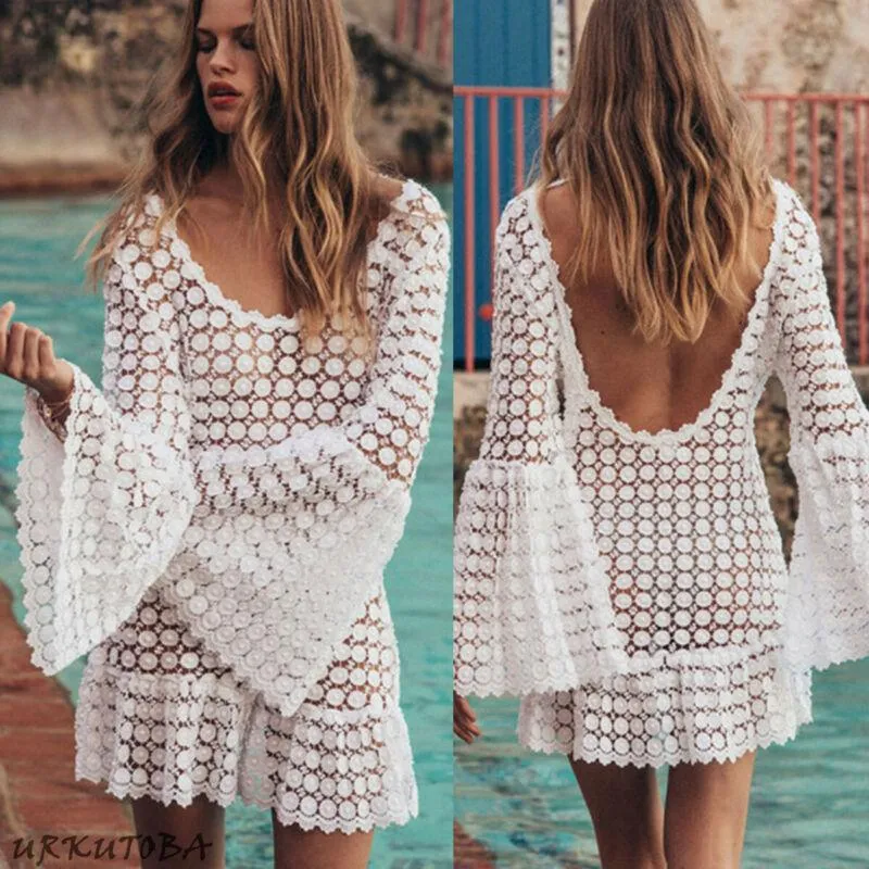 Sexy Women Bikini Cover Up Long Sleeve Beachwear Summer Kaftan Swim Dress White Lace Crochet Bathing Suit Swimsuit Sarongs