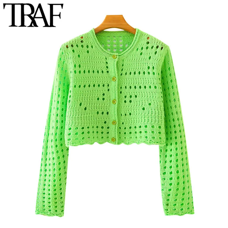 TRAF女性ファッションホロークロップドカーディガンセータービンテージ長袖ボタンアップ女性アウターウェアシックトップ210415