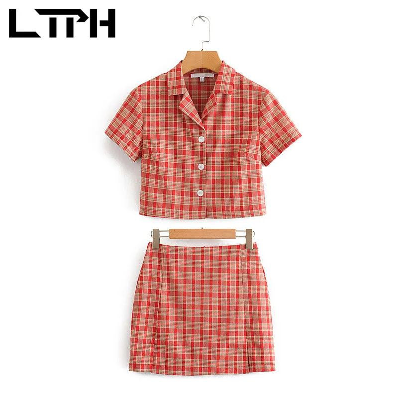 American vintage red plaid mujeres Trajes conjunto de dos piezas camisa corta cintura alta hendidura Paquete Hip falda Conjuntos Verano 210427