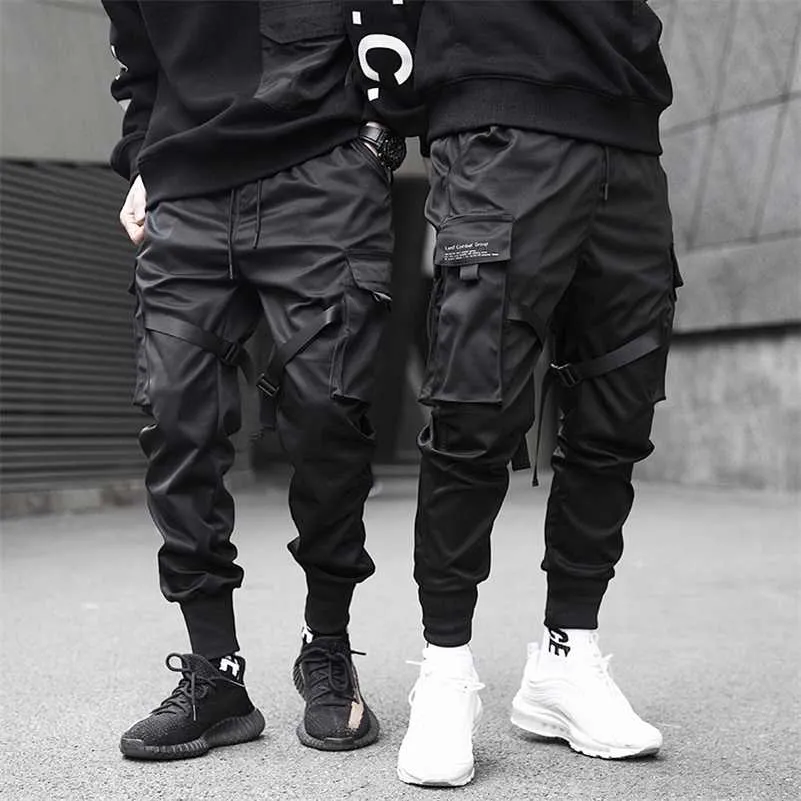 Männer Cargo Hosen Schwarz Bänder Block Multi-Pocket Harem Jogger Harajuku Sweatpant Hip Hop Casual Harem Flut Männliche Hosen 210930