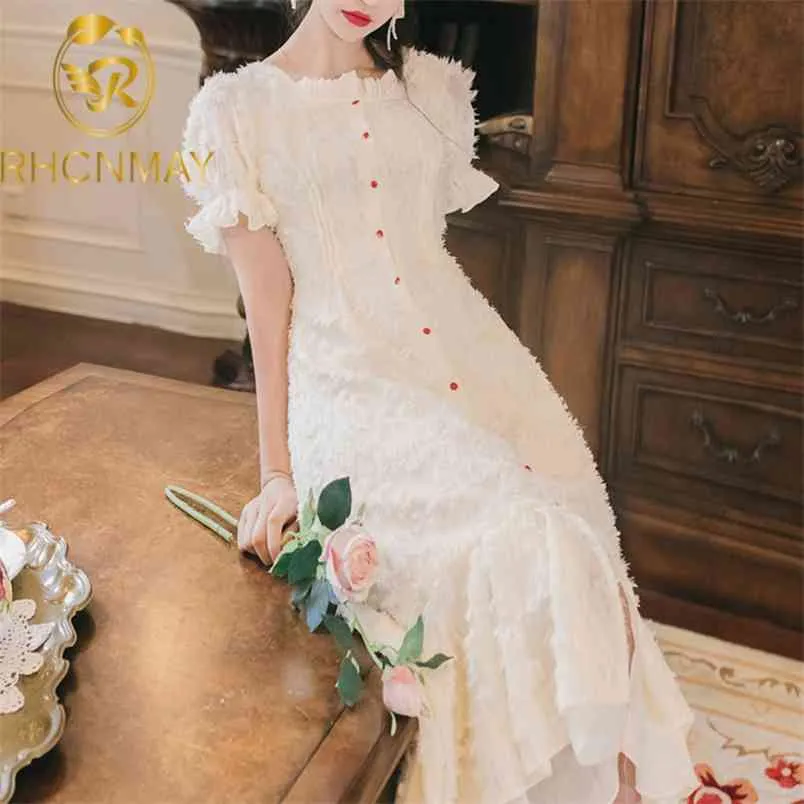 Korean Fashion Summer Mermaid Dress Single Breasted Dresses Butterfly Sleeve High Waist Vintage Women Holiday 210506