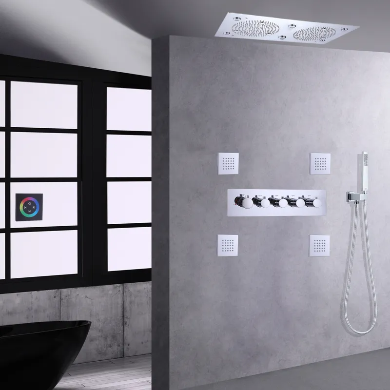 Lujo cromado pulido cuarto de baño LED Ducha Grifo Montado Montado Montado Tap Tap Thermostatic Set Massage Set