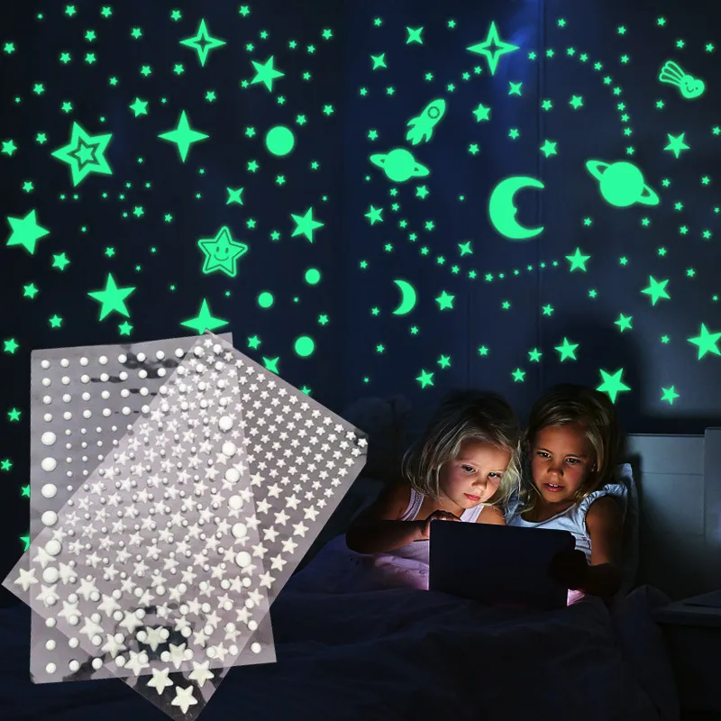 Wall Sticker 3D Stars Dots Moon Universe Kids Room Bedroom Home Decoration Decal Glow In The Dark DIY Bubble Stickers