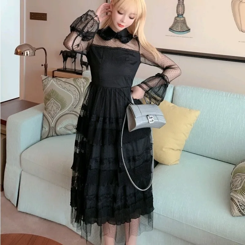 arrive Autumn Black Mesh Elegant Dress Female Full sleeve Casual Vintage turndown collar High waist party Long Dress Vestido 210514