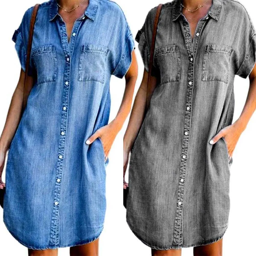 Moda de verão feminina Solid Solt Down Pescoço Jeans Jeans Denim Vestido