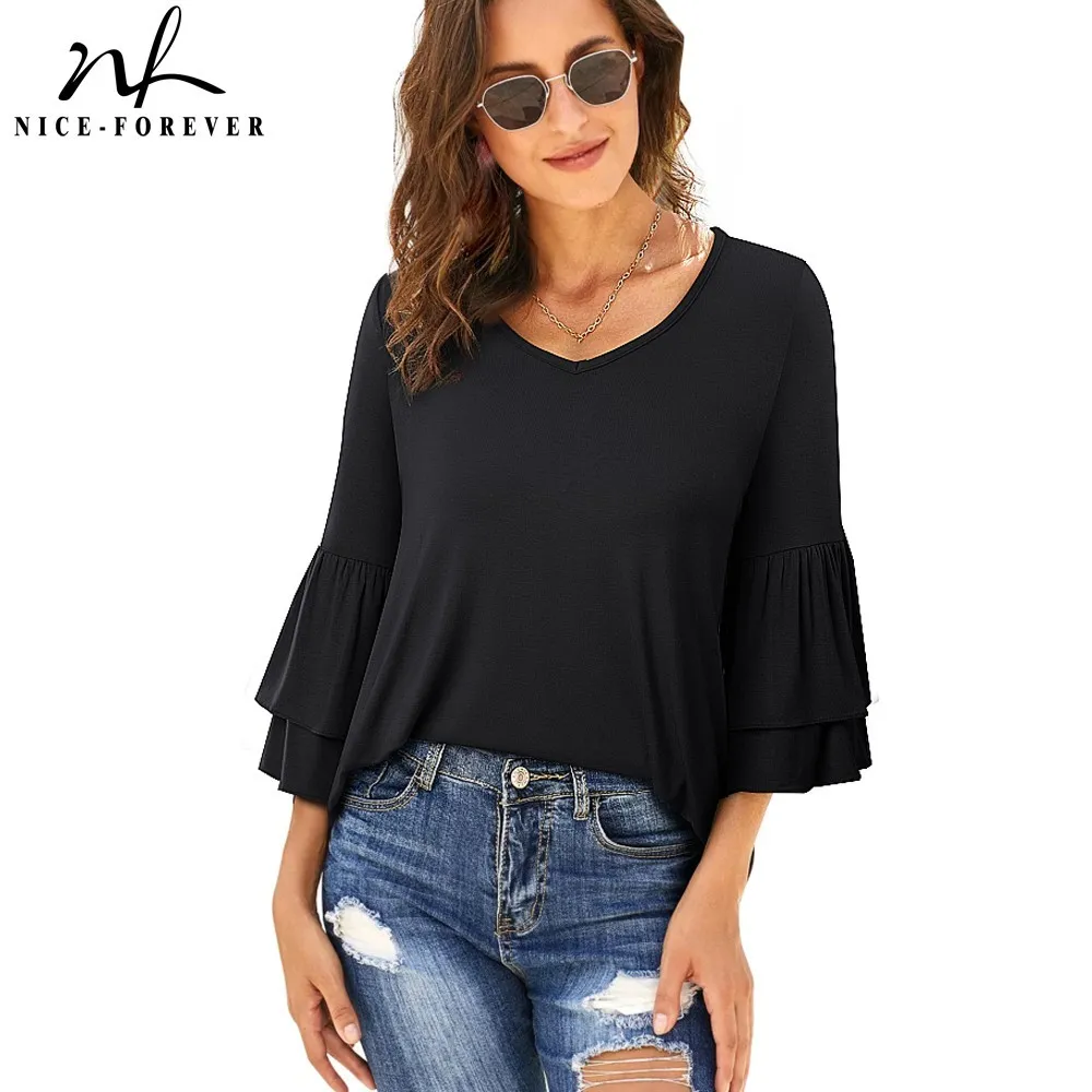 Nice-Forever Winter Women Pure Color Chic Flared Sleeve Casual T-Shirts Loose Female Tees Tops T056 210419