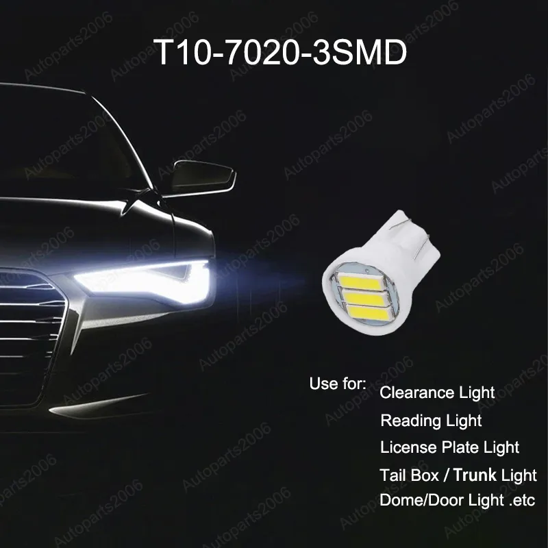 100Pcs/Lot White T10 7020 3SMD LED Wedge Car Bulb Auto Clearance Lamps Dome Door Reading Bulbs License Plate Lights 12V