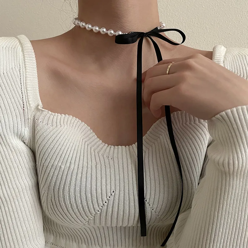 Colares Colares Pingentes Doce Veludo Preto Curva Dupla Colar Simples Bowknot Pearl Pearl Clavicle Chain Colar Para As Mulheres Lady Jóias