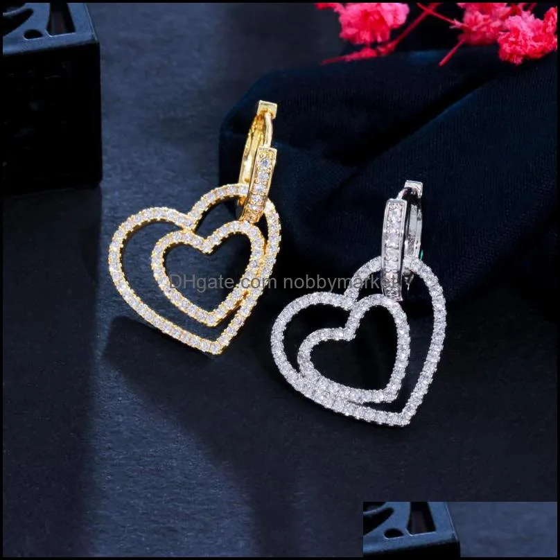 Hoop & Huggie CWWZircons Micro Pave Cubic Zirconia Cute Double Heart Shape Earrings For Women 2021 Trendy Ear Jewelry CZ960