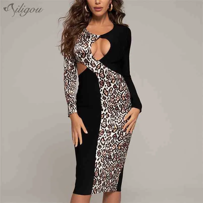 Inverno donna sexy leopardo bendaggio patchwork vestito club usura cavo bodycon slim party matita midi 210525