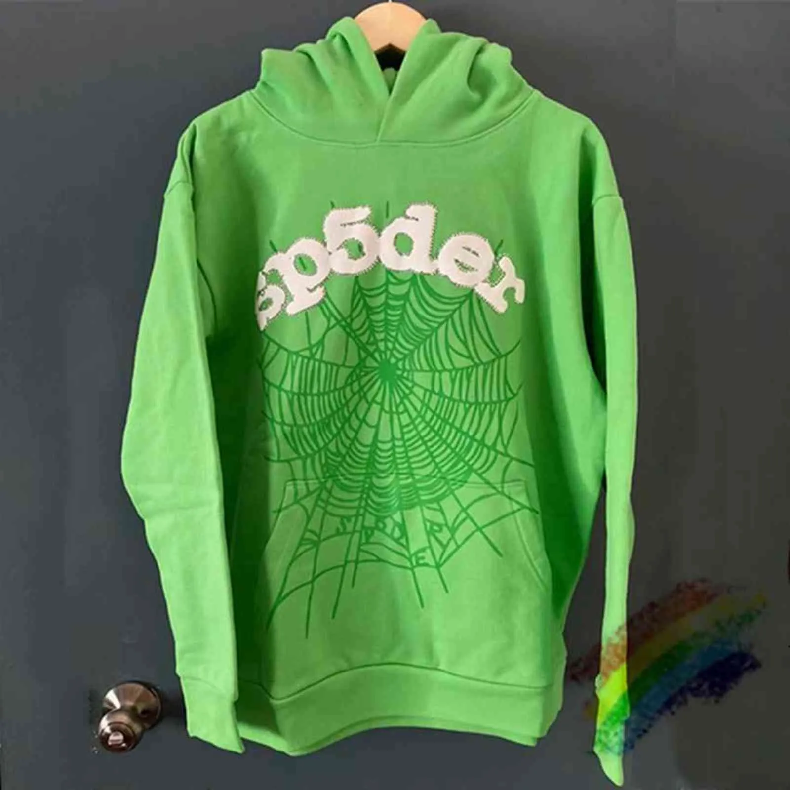 Green Foam Printing Sp5der Young Thug 555555 Angel Hoodies Men Women 1:1 High-Quality Spider Web Unisex Pullover Sweatshirts Y1201