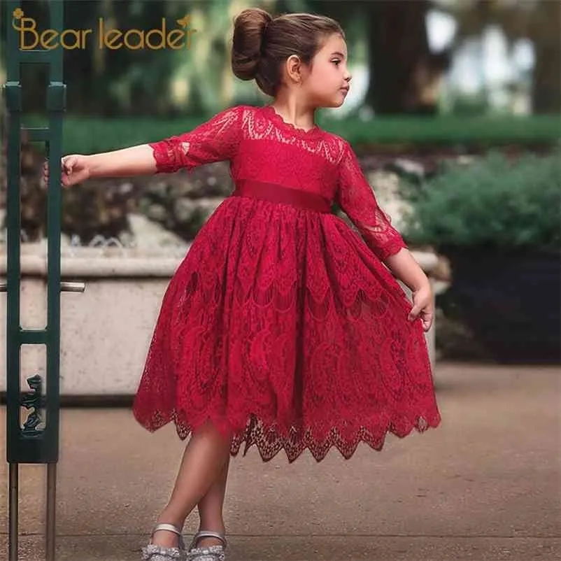 Girls Dresses Embroidery Princess Clothing for Kid Girl 3-7 Years Flower Lace Mesh Dress Silk Bow-knot Cute Children 210429