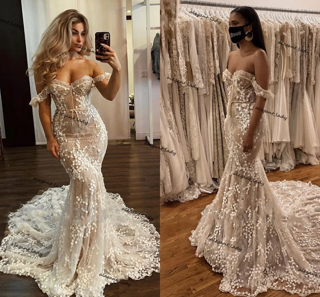 Off Shoulder Mermaid Wedding Dresses 2021 Princess 3D Floral Lace Champagne Nude Lining Trumpet Garden Country Bridal Dress