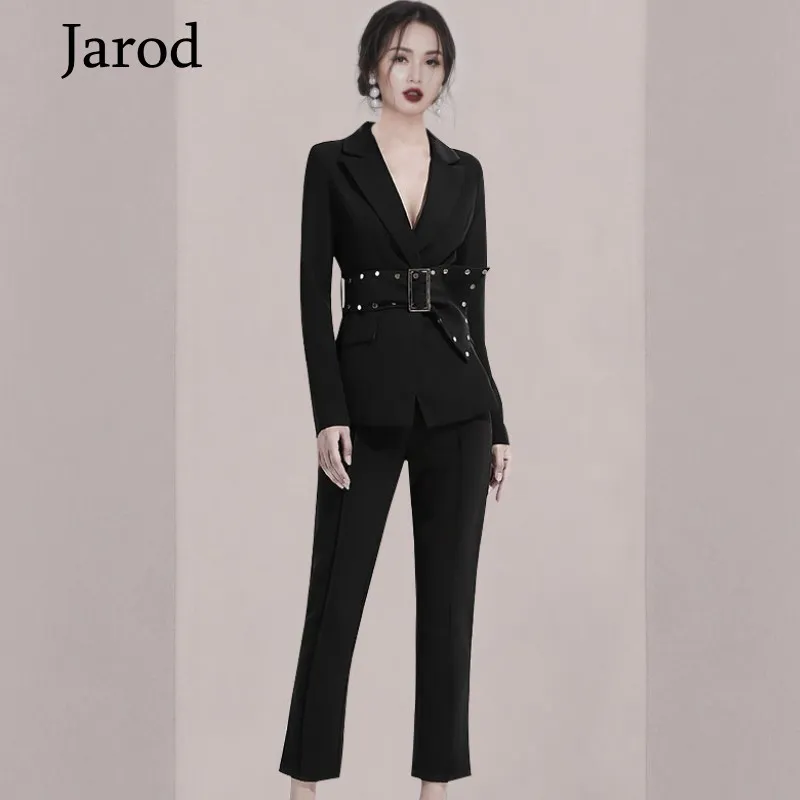 Negócio primavera outono mulheres 2 peças conjunto forma formal preto manga longa blazers casaco + ol lápis calça terno com cinto 210518