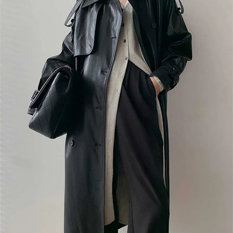 Lautaro秋の長い長い特大の黒いフェイクレザートレンチコート女性ラグラン長袖ダブルブレストブラウン韓国のファッション211007