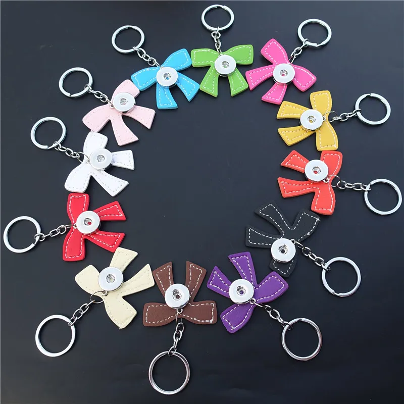 Pu Leather Bowknot Keyrings Girl Jewelry 18mm Snap Button Keychain Socket For Women 12 Pieces / Lot Assorted Colors