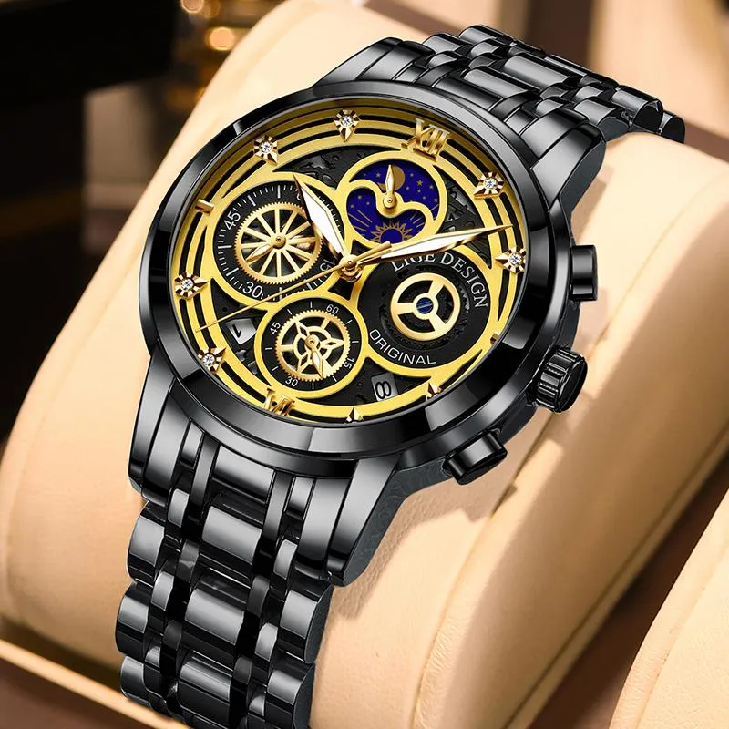 Wristwatches 2021 Lige męskie zegarki Dorywczo Czarny Luksusowy Chronograf Kalendarz Ze Stali Nierdzewnej Watch Wodoodporny Luminous Relógio Masculino + Bo