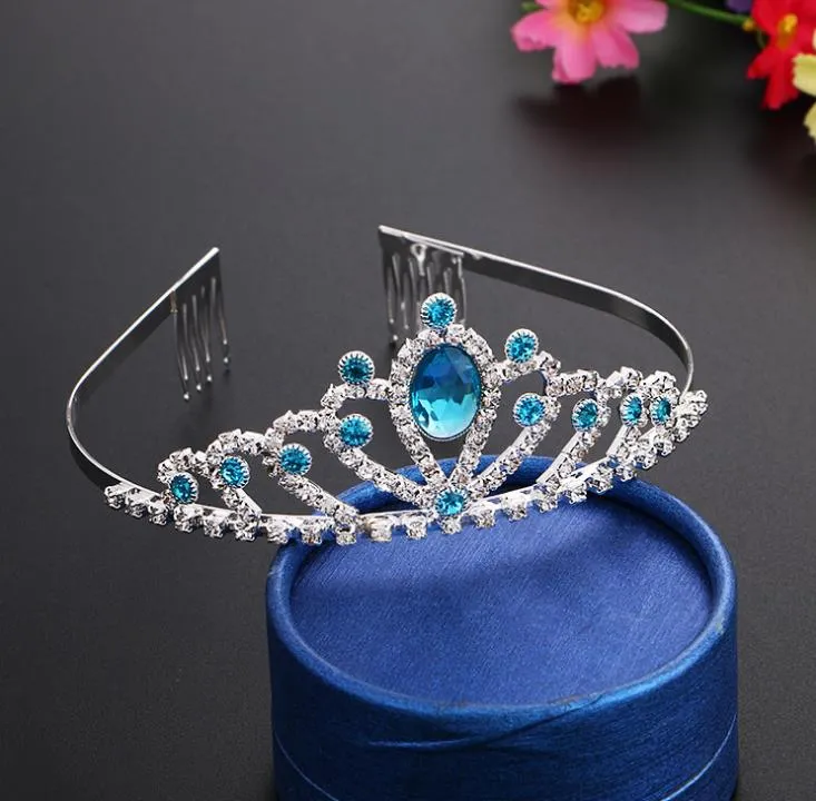 Rosa Gems Rhinestone Tiara Blue Crystal Crown Alloy Silver Headband for Kids Girl Prom Birthday Infines Costume Party Tillbehör Gåva