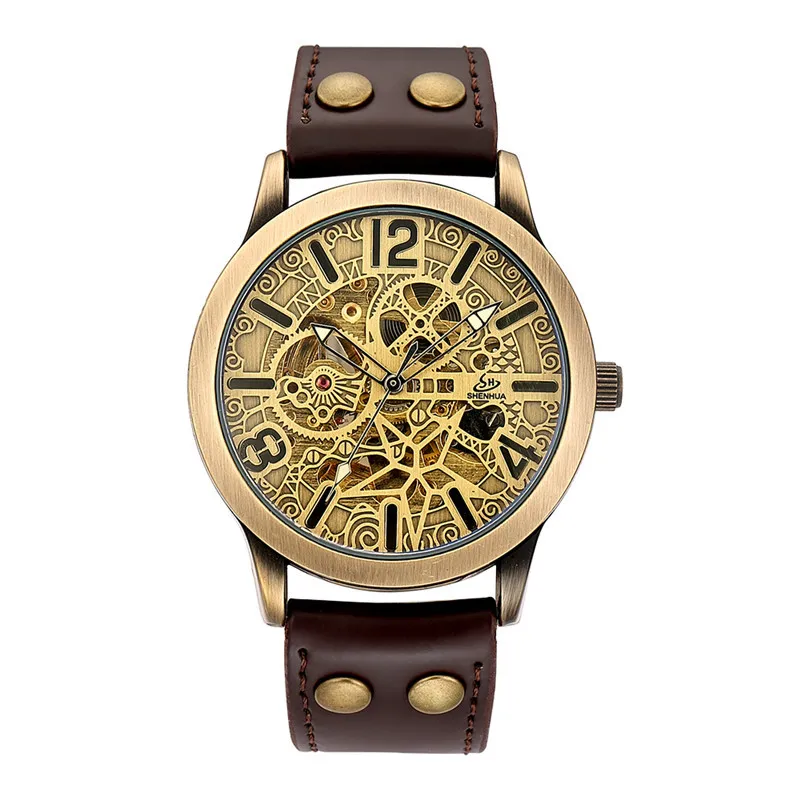 Leather Mechanical Watch Men Automatic Steampunk Watch Mens Skeleton Watches  Bronze Transparent Vintage Sport Wristwatch Male