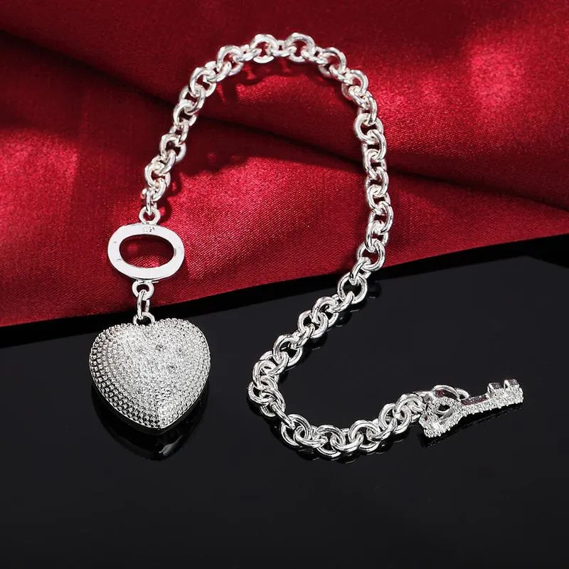 Charm Armbänder 925 Sterling Silber 8 Zoll Zirkon Schlüssel Herz Anhänger Armreif Für Frau Mode Hochzeit Schmuck Geschenk