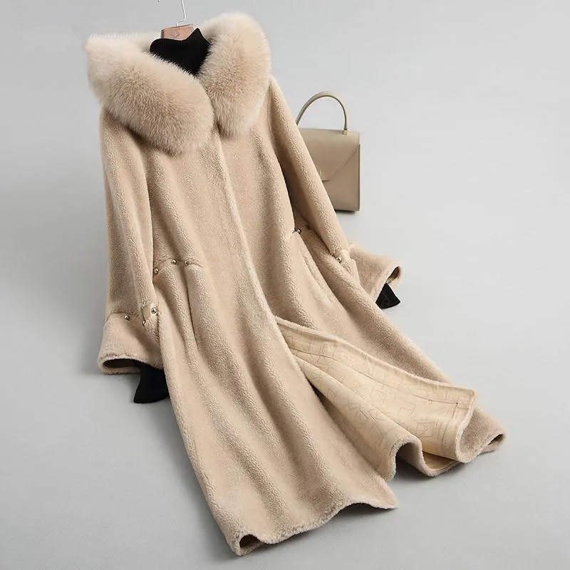 Cappotto da donna in pelliccia sintetica Giacca da donna in vera lana Cappotti da tosatura delle pecore Calde giacche invernali Cappuccio naturale KQN18113-1