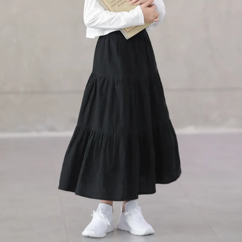 Корейский подросток девушки эластичные талии случайные черные взмышенные юбка детские осенние одежда детские девушки хлопчатобумажные юбка оборманы, # 9118 210331