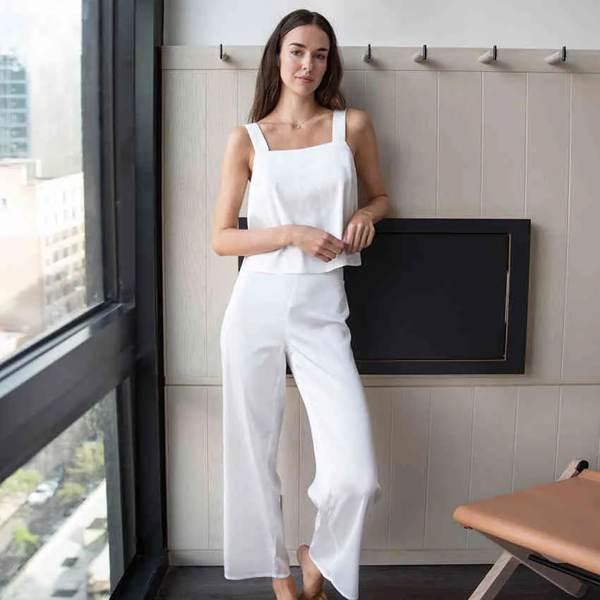 HiLoc White Sleepwear Tank Top Pajamas Woman Summer Clothes Women 2021 Casual Sets With Pants Casual Sets Womens Outfits Nightie X0526