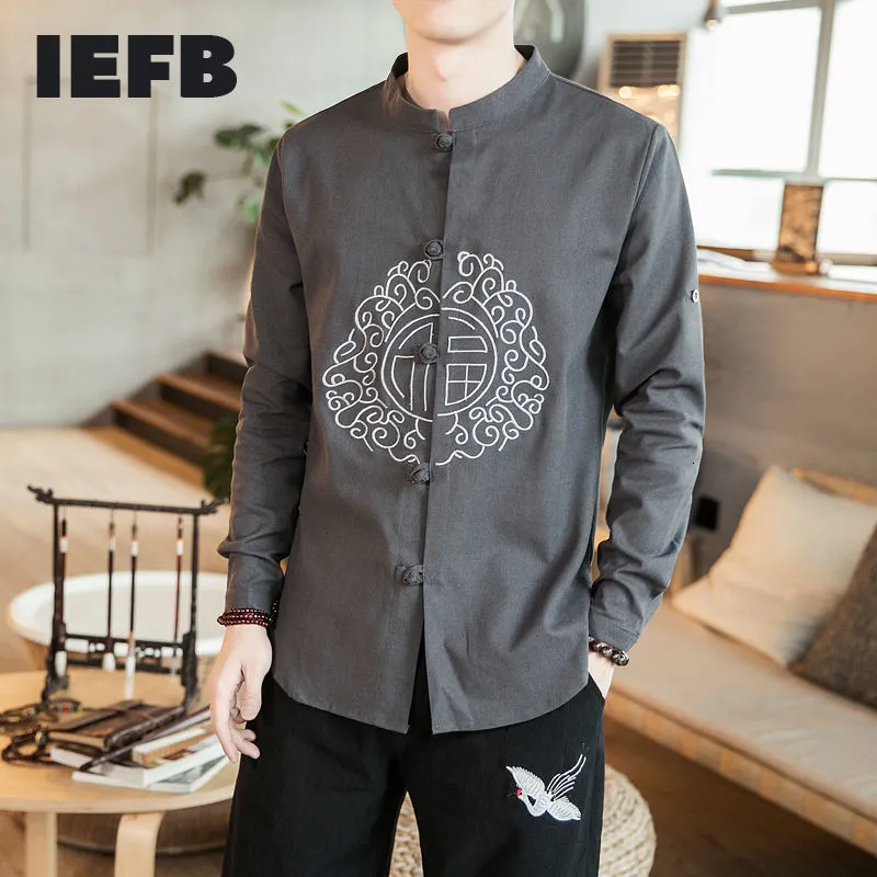 IEFB Chinese Style Cotton Hemp Large Size Shirt Men's Casual Tops Stand Collar Tang Suit Embroidered Clothes Long Sleeve 9Y6016 210524