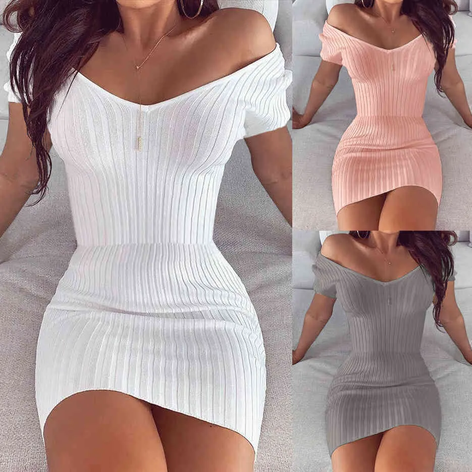 Seksi V Yaka Katı Ince Mini Elbise Kadınlar Yaz Moda Kapalı Omuz Kısa Kollu Yüksek Bel Paketi Kalça Bodycon Kalem Elbise 210507