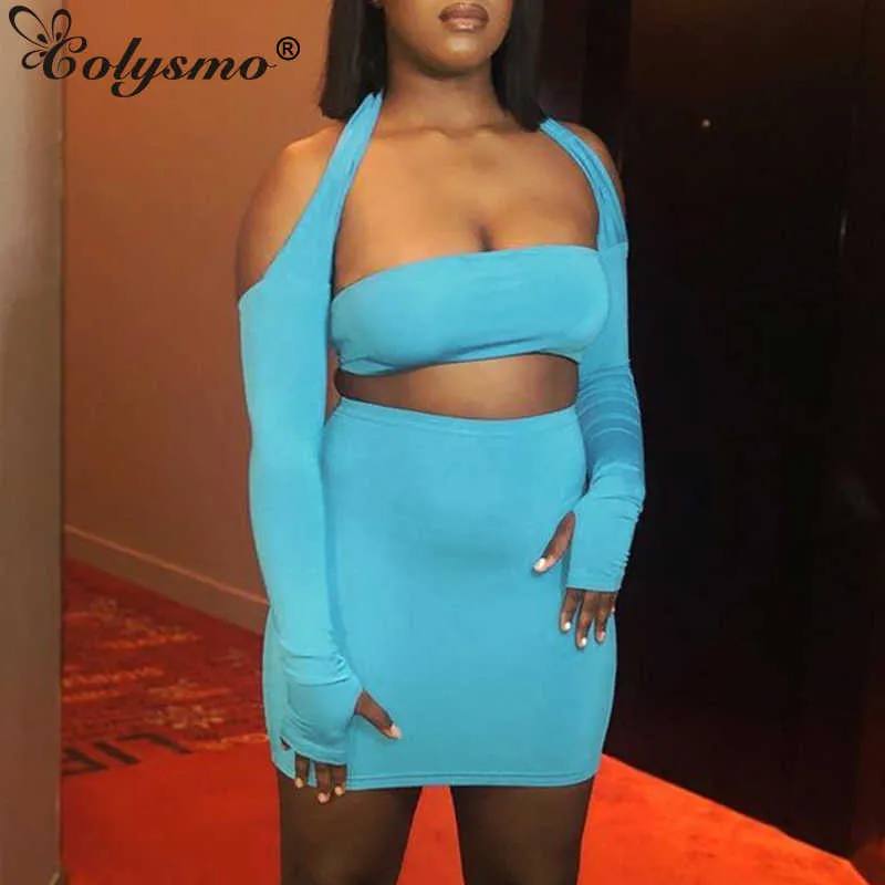 Colysmo Blue Jupes Ensembles Découpé Dos Nu À Manches Longues Halter Top Taille Haute Moulante Mini Costume Femmes Sexy Club Tenues 210527