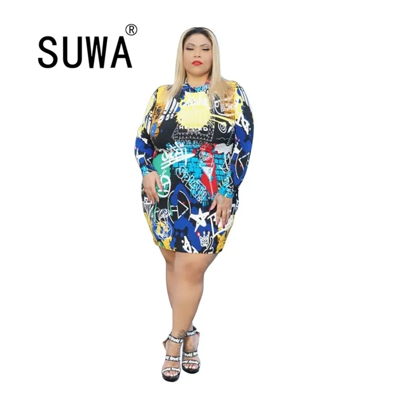 Trendy Chic Letter Printed Vintage Casual Dresses For Women Fashion Long Sleeve Party Dress Wholesale Plus Size Clothing 210525